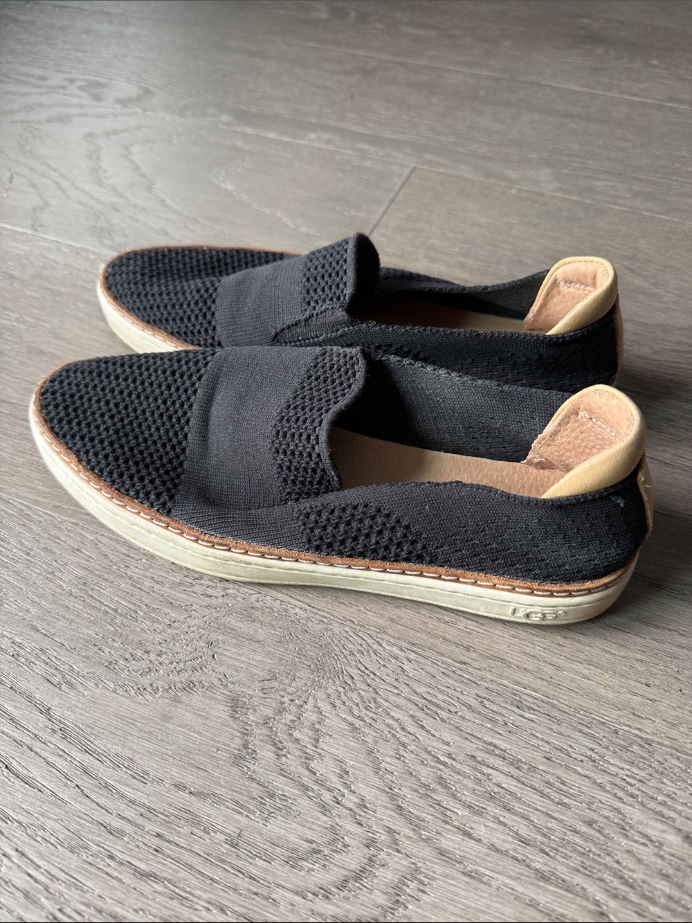 UGG Black Knit Slip-On Loafers with Tan Heel Accent